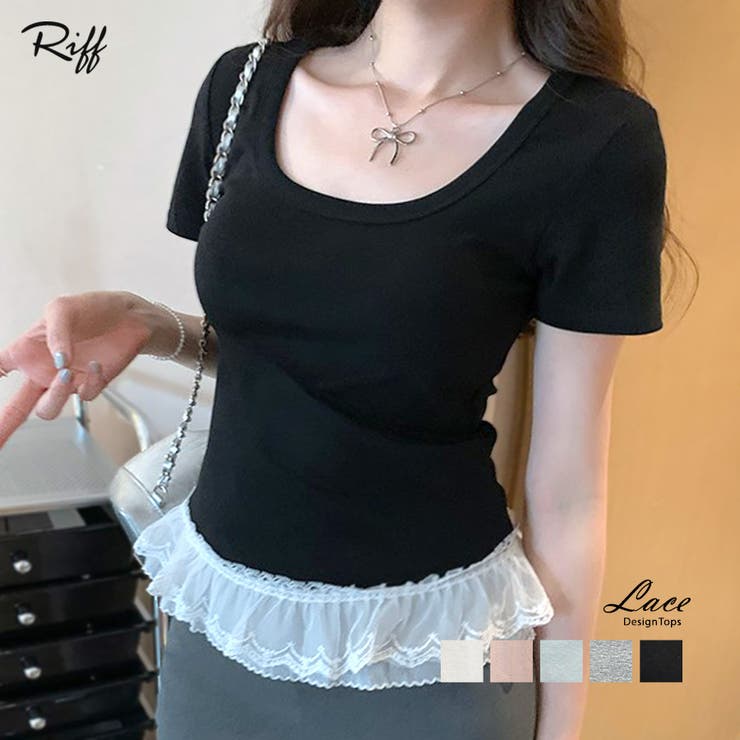 裾レースUネックTシャツ カットソー プルオーバー | Riff | 詳細画像1 