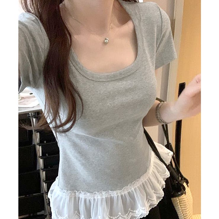 裾レースUネックTシャツ カットソー プルオーバー | Riff | 詳細画像15 