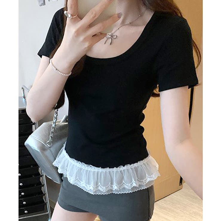 裾レースUネックTシャツ カットソー プルオーバー | Riff | 詳細画像21 