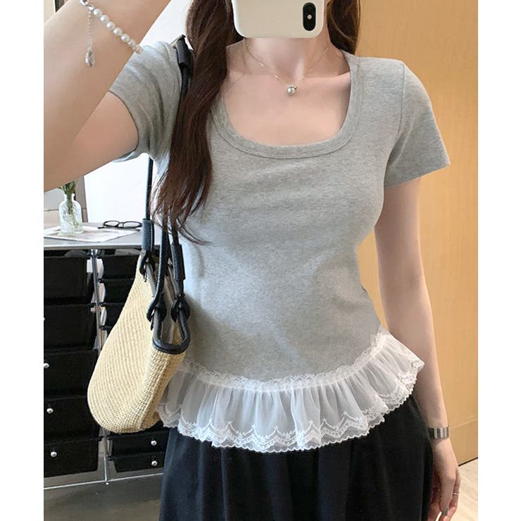 グレー | 裾レースUネックTシャツ カットソー プルオーバー | Riff
