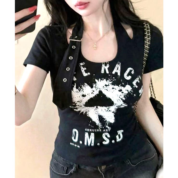 ベルトデザインプリントTシャツ ロゴプリント ショート丈 | Riff | 詳細画像4 