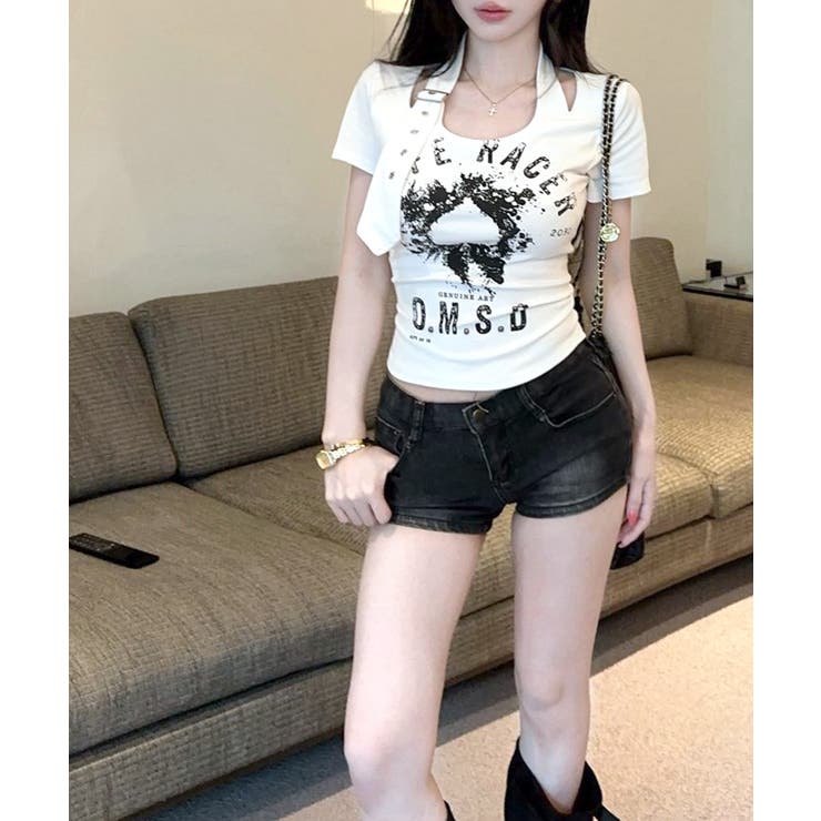 ベルトデザインプリントTシャツ ロゴプリント ショート丈 | Riff | 詳細画像8 