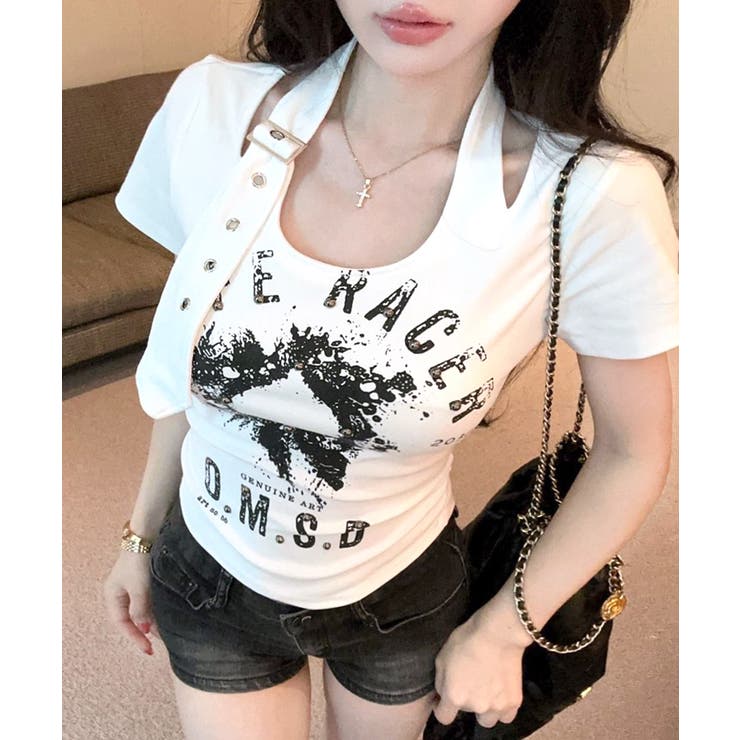 ホワイト | ベルトデザインプリントTシャツ ロゴプリント ショート丈 | Riff
