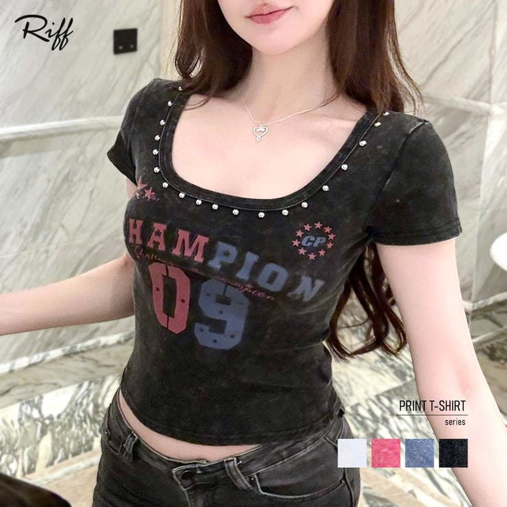ピグメント加工スタッズロゴTシャツ プリントT Uネック | Riff | 詳細画像1 