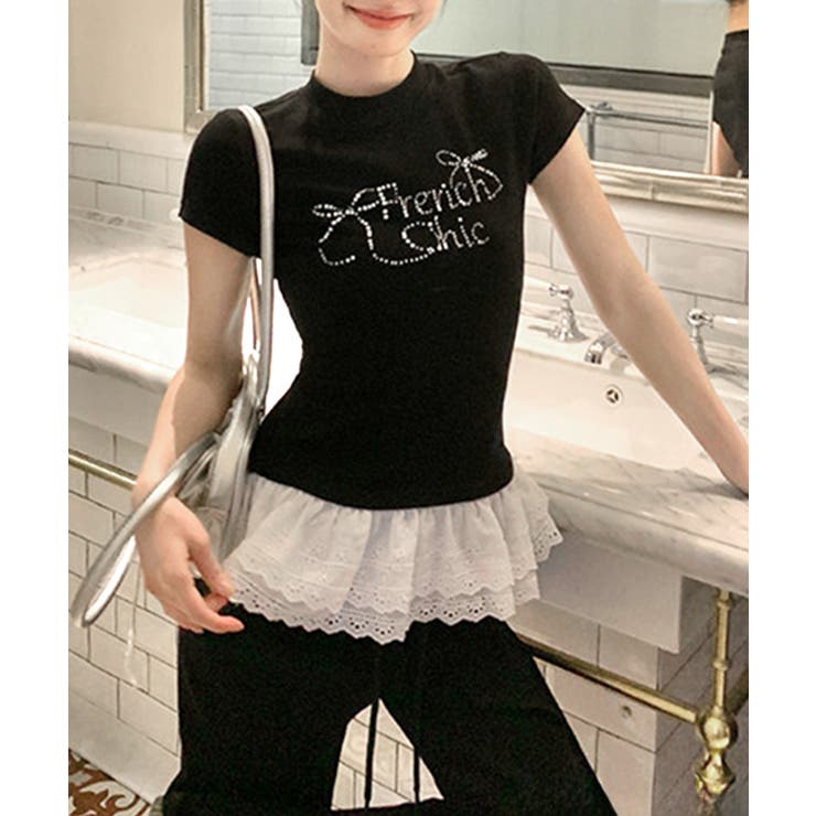 ラインストーンリボンデザイン裾レースTシャツ フリル ビジュー | Riff | 詳細画像11 
