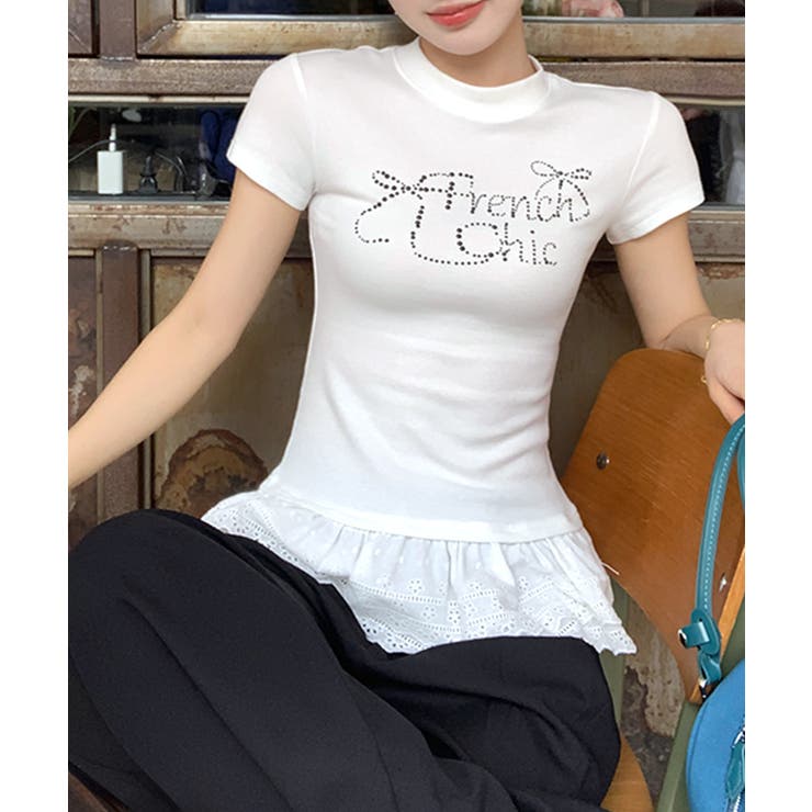 ラインストーンリボンデザイン裾レースTシャツ フリル ビジュー | Riff | 詳細画像12 