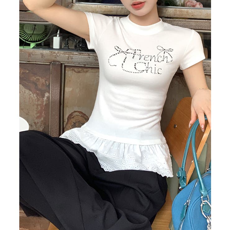 ラインストーンリボンデザイン裾レースTシャツ フリル ビジュー | Riff | 詳細画像13 
