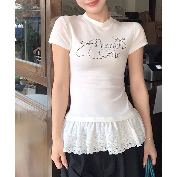 ラインストーンリボンデザイン裾レースTシャツ フリル ビジュー | Riff | 詳細画像15 