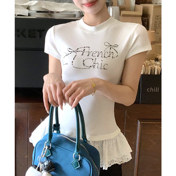 ラインストーンリボンデザイン裾レースTシャツ フリル ビジュー | Riff | 詳細画像16 