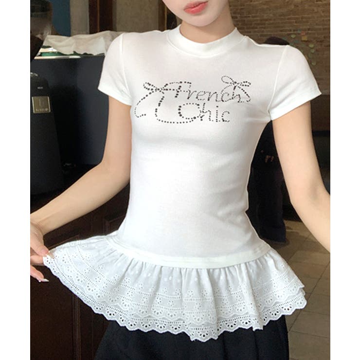 ラインストーンリボンデザイン裾レースTシャツ フリル ビジュー | Riff | 詳細画像18 
