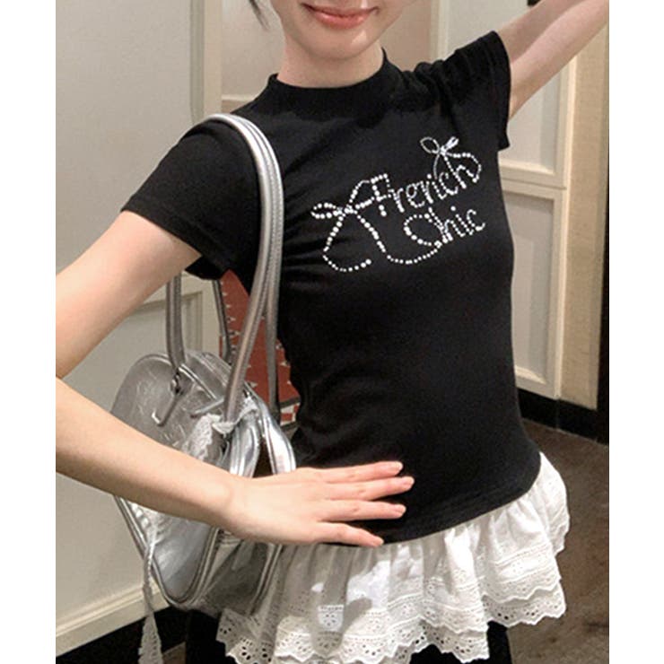 ラインストーンリボンデザイン裾レースTシャツ フリル ビジュー | Riff | 詳細画像2 