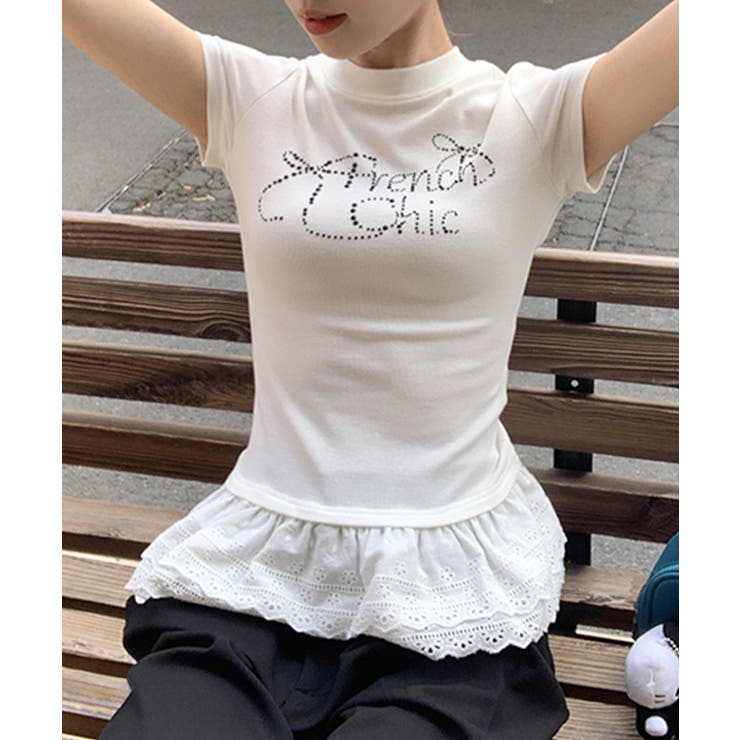 ラインストーンリボンデザイン裾レースTシャツ フリル ビジュー | Riff | 詳細画像20 