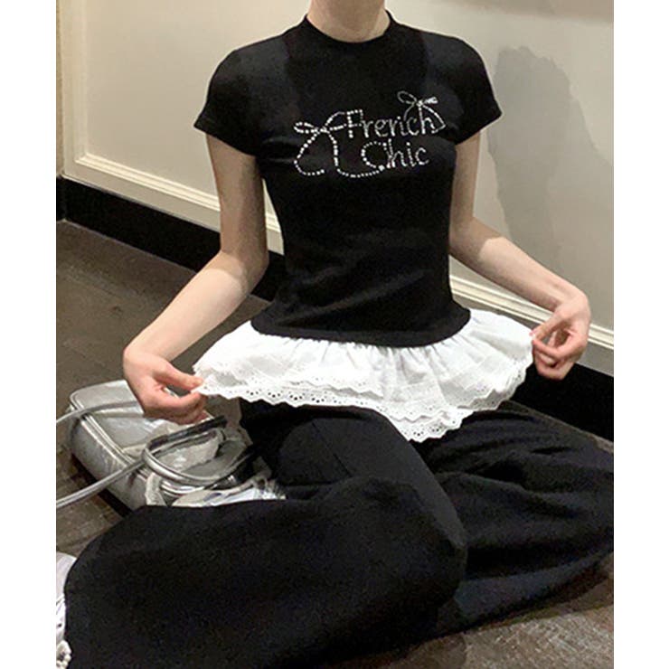 ラインストーンリボンデザイン裾レースTシャツ フリル ビジュー | Riff | 詳細画像5 