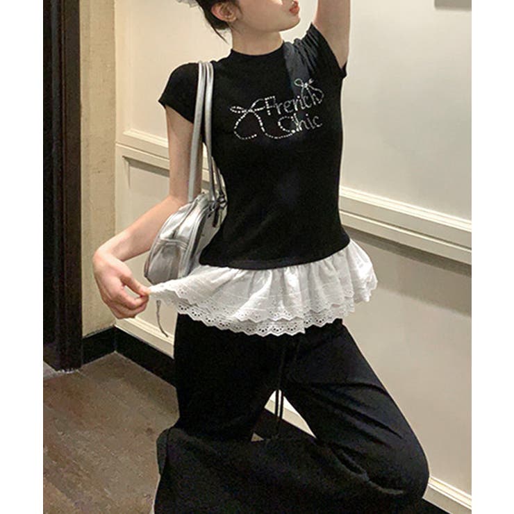 ラインストーンリボンデザイン裾レースTシャツ フリル ビジュー | Riff | 詳細画像6 