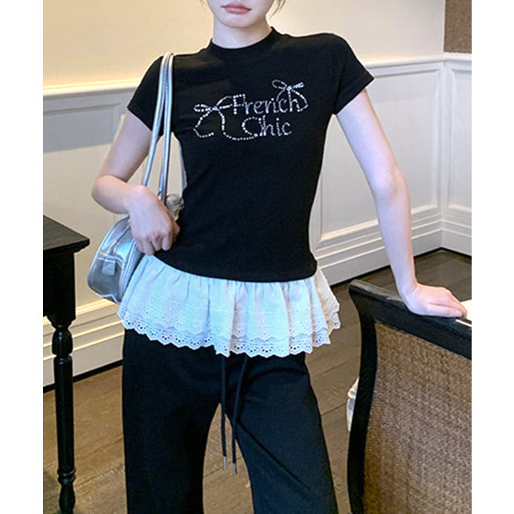 ラインストーンリボンデザイン裾レースTシャツ フリル ビジュー | Riff | 詳細画像9 