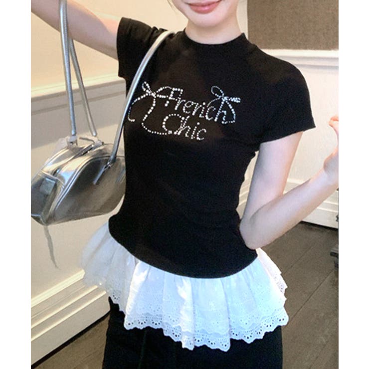 ブラック | ラインストーンリボンデザイン裾レースTシャツ フリル ビジュー | Riff
