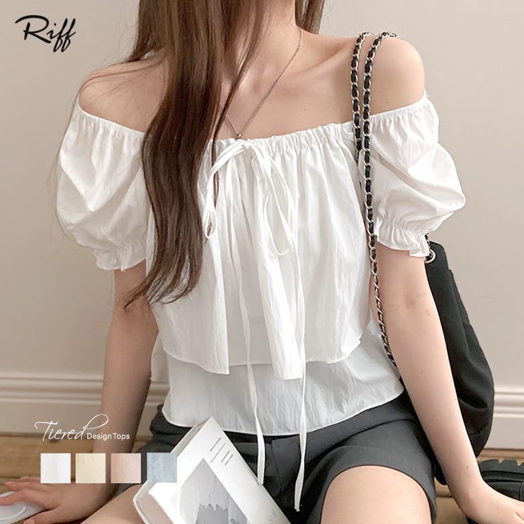 2WAYネックパフスリーブティアードトップス オフショルダー リボン | Riff | 詳細画像1 