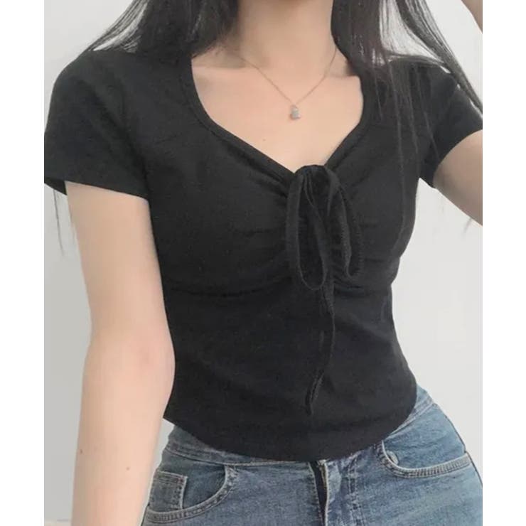 ブラック | フロントギャザーリボントップス Tシャツ カットソー | Riff
