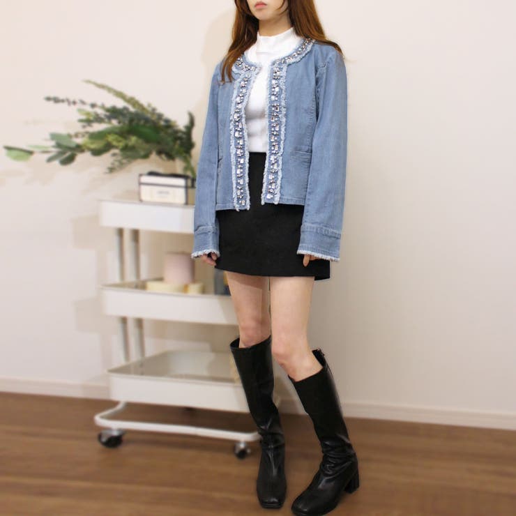 フリンジビジューデニムブルゾン ジャケット Gジャン[品番