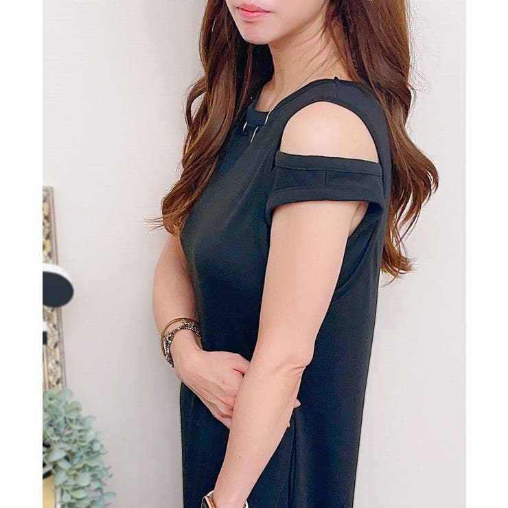 肩デザインポケット付きロングワンピース Iラインワンピース
