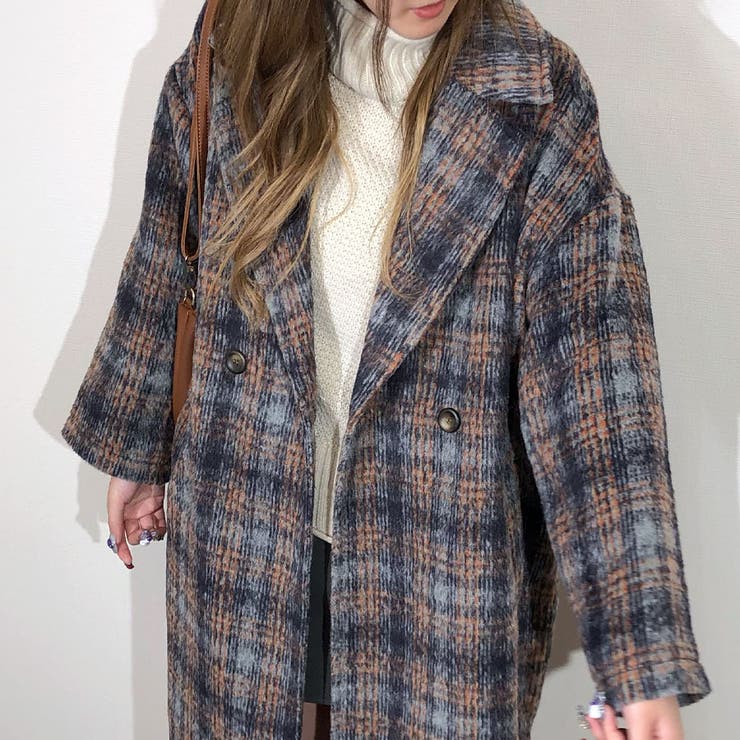 ウーリッシュシャギーチェックダブルロングコート ウール サイド
