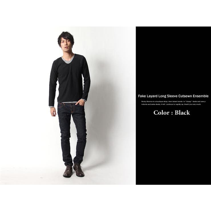 フェイクレイヤード長袖無地Uネックカットソー メンズ ロンTシャツ | Rocky Monroe | 詳細画像6 