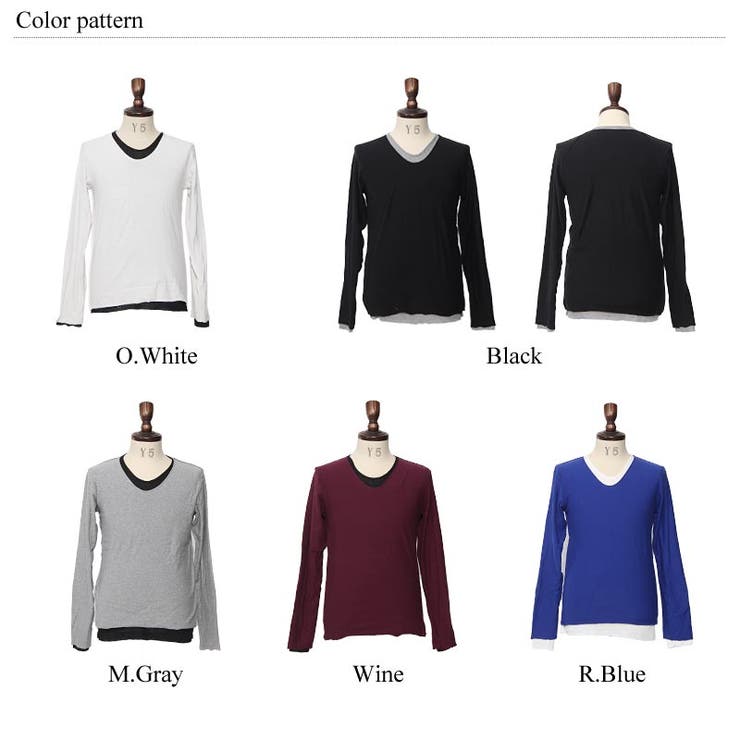 フェイクレイヤード長袖無地Uネックカットソー メンズ ロンTシャツ | Rocky Monroe | 詳細画像2 