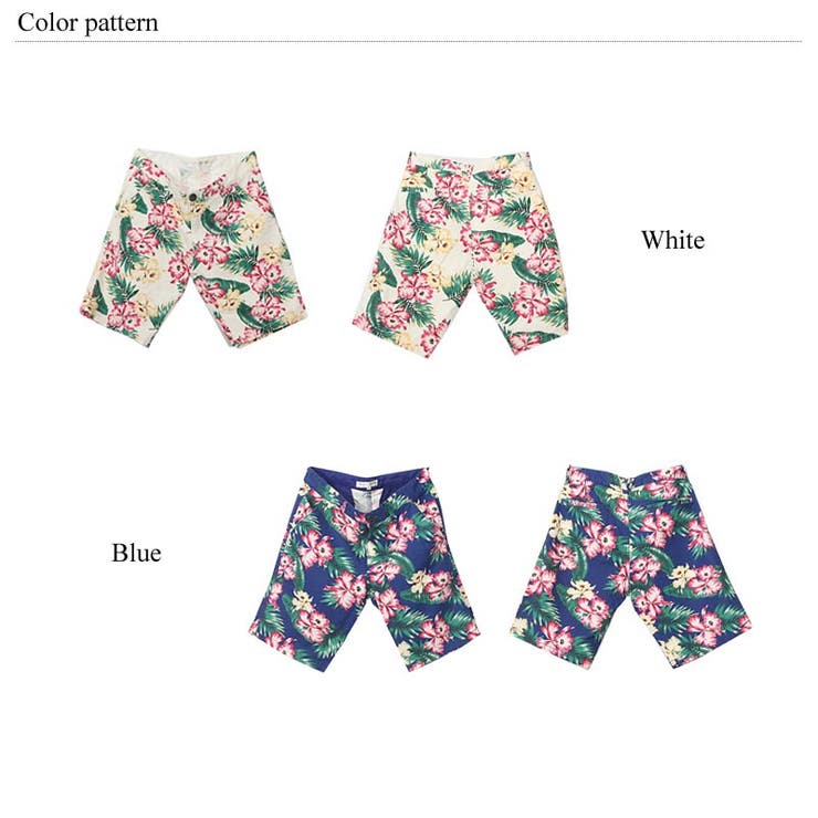コットン×リネンリゾート総柄ショーツパンツ ハイビスカス柄 ハーフ