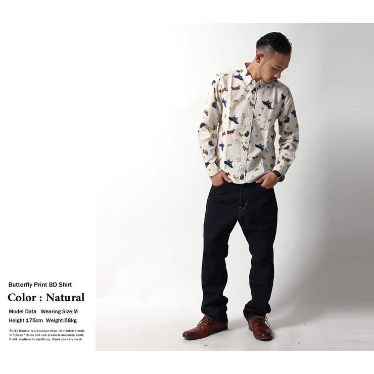 蝶々柄シャツ ネイビー POLO襟 個性派 レトロ 淡い 儚い メンズライク バタフライプリント 落ち着きカラー 香港スタイル こなれ感 春 秋 冬 長袖 シルクスクリーンバタフライプリントボタンダウンシャツ メンズ