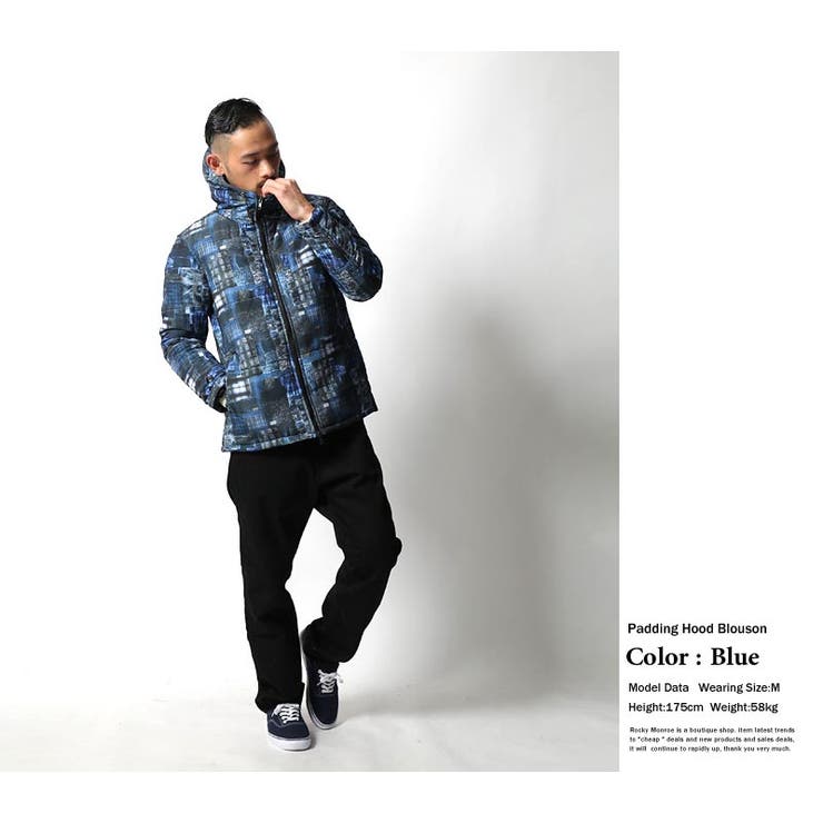 RELI レリ】総柄プリントフード付き中綿ブルゾン メンズ[品番