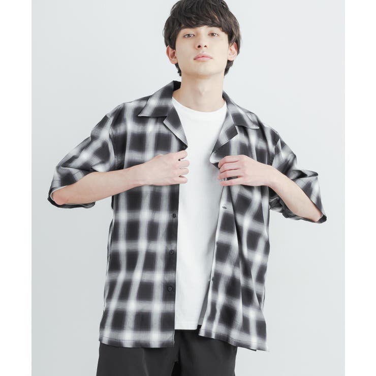 【新品】　MINEDENIM　開襟 オープンカラーシャツ　オンブレチェック 黒白 RAGEBLUE シャツ オンブレチェック/起毛ワンポイント刺繍