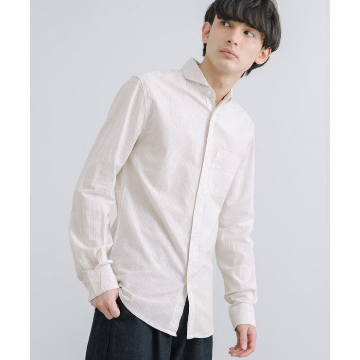 252.O/ベージュxO/ホワイトST | 綿麻シャツ 長袖 ホリゾンタルカラー | Rocky Monroe