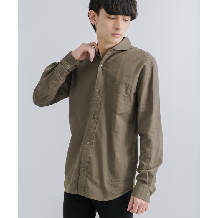 74.カーキ | 綿麻シャツ 長袖 ホリゾンタルカラー | Rocky Monroe