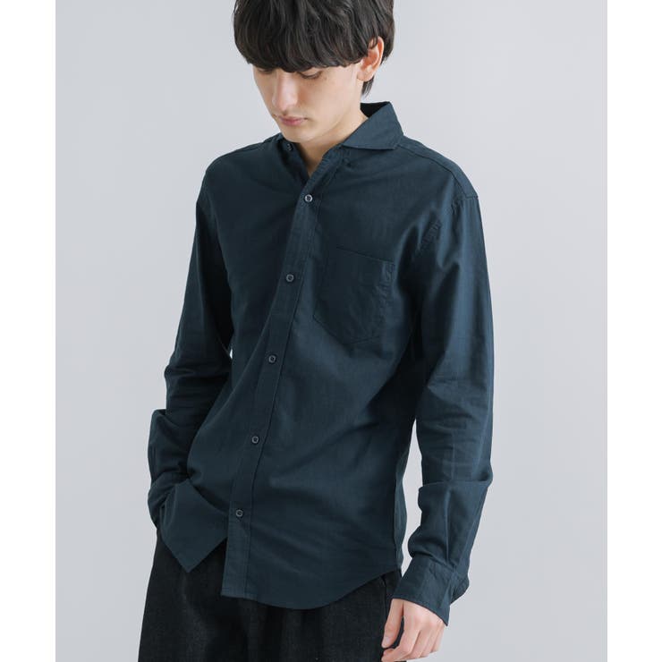 85.ネイビー | 綿麻シャツ 長袖 ホリゾンタルカラー | Rocky Monroe