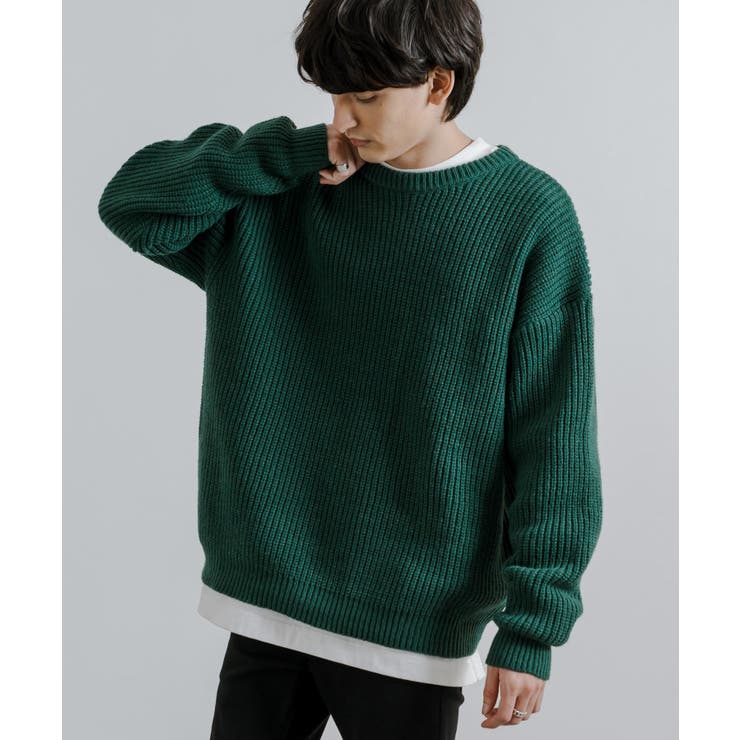 完売【エージェム】A'gem オーバーサイズ ラガーニット セーター 緑×黄
