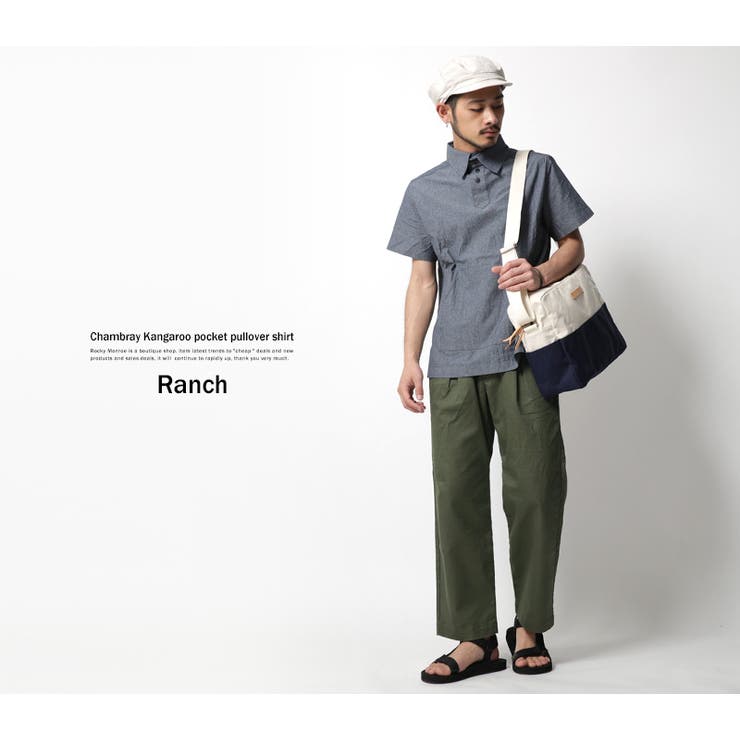 シャンブレーシャツメンズプルオーバーポロシャツ半袖無地カンガルーポケットRanchランチRA17-0447301