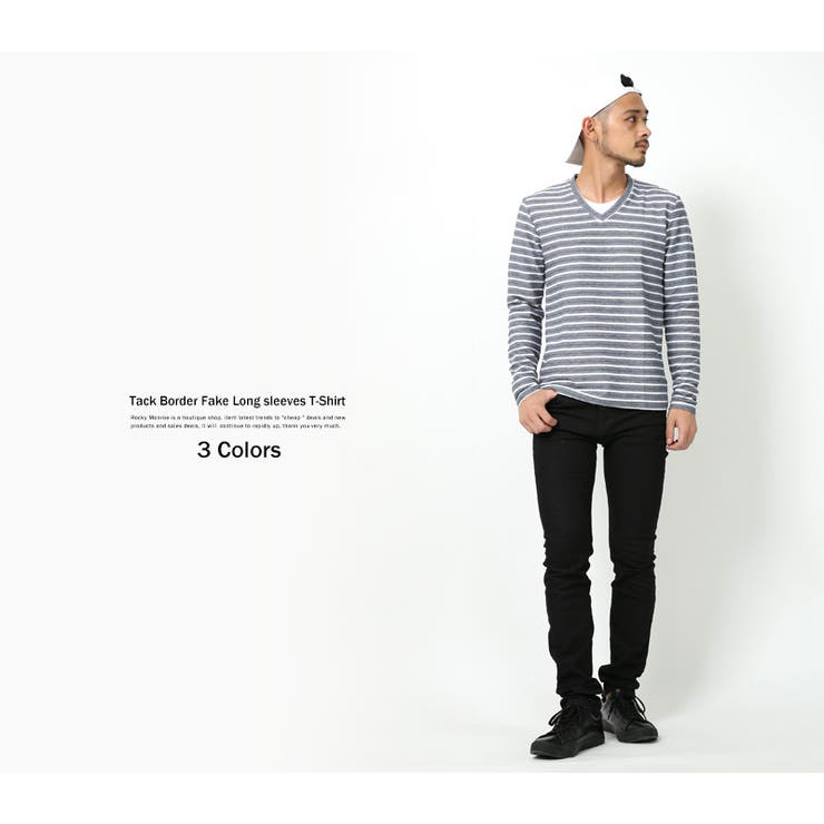 Tシャツ メンズ ロンT 長袖 ボーダー 重ね着 フェイク Vネック