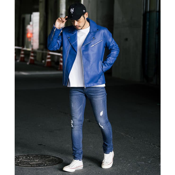革ジャン　紺色　サイズＬ　ライダースジャケット