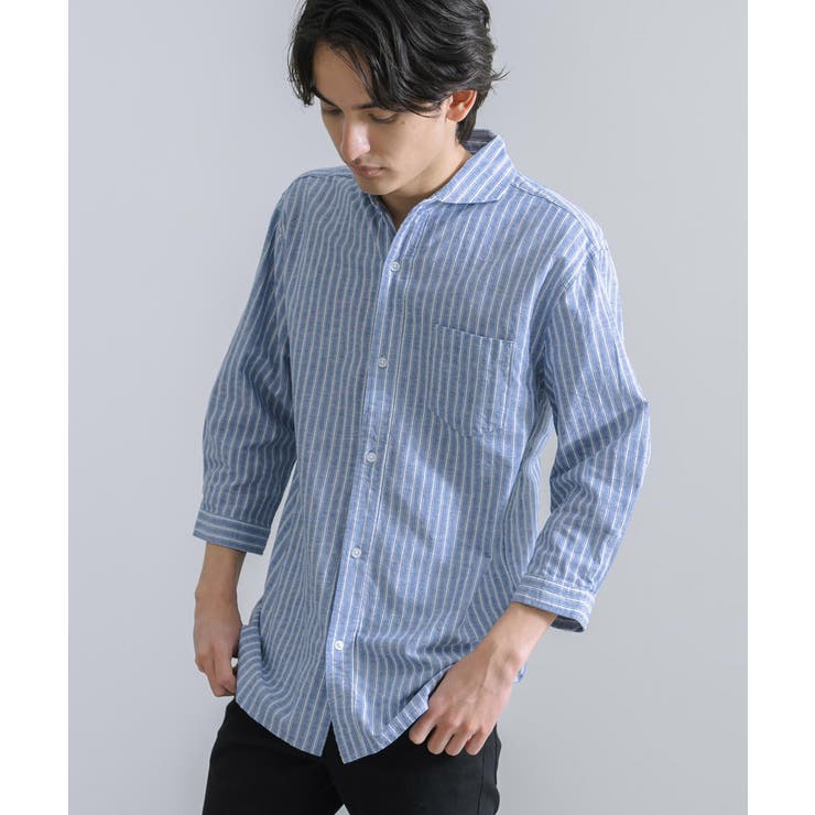 リネンシャツ ホリゾンタルカラー 7分袖[品番：OE000007266