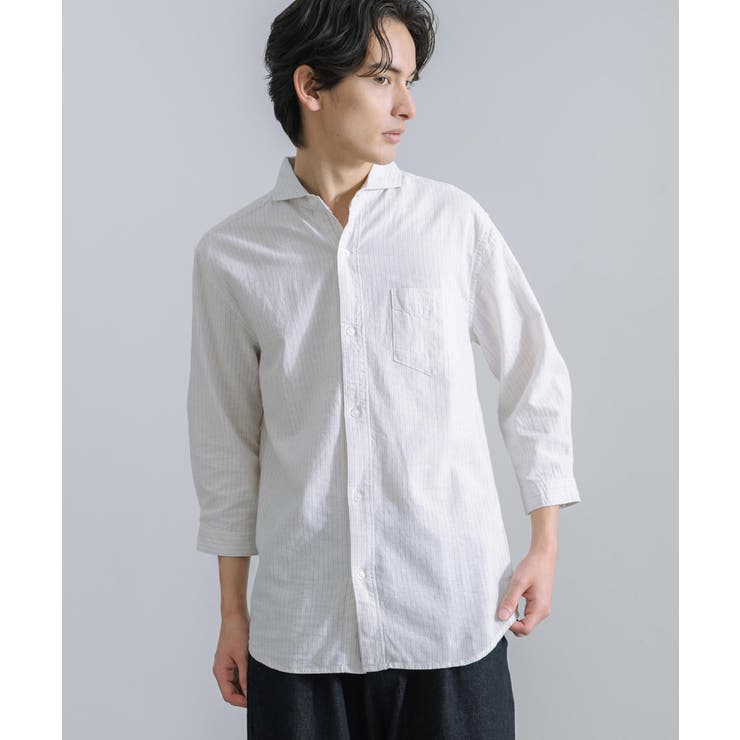 【税込】 リネンシャツ 7分袖[品番：OE000007266 ホリゾンタルカラー トップス