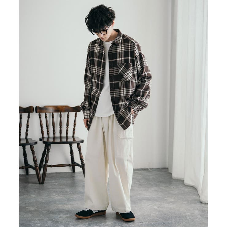 オーバーサイズチェックシャツ 長袖ネルシャツ メンズ[品番