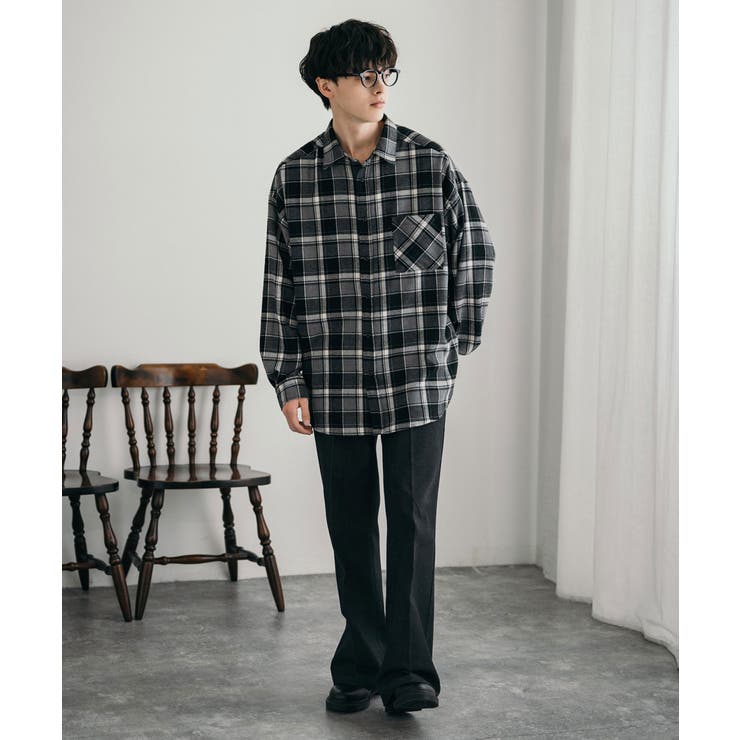 オーバーサイズチェックシャツ 長袖ネルシャツ メンズ[品番