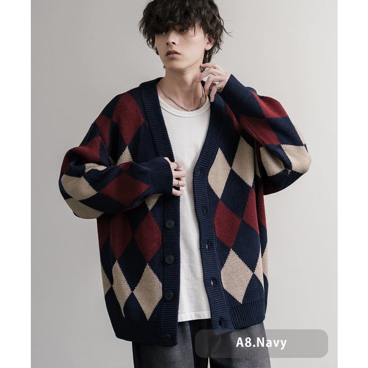 A8.ネイビー | ニットカーディガン 総柄 オーバーサイズ | Rocky Monroe