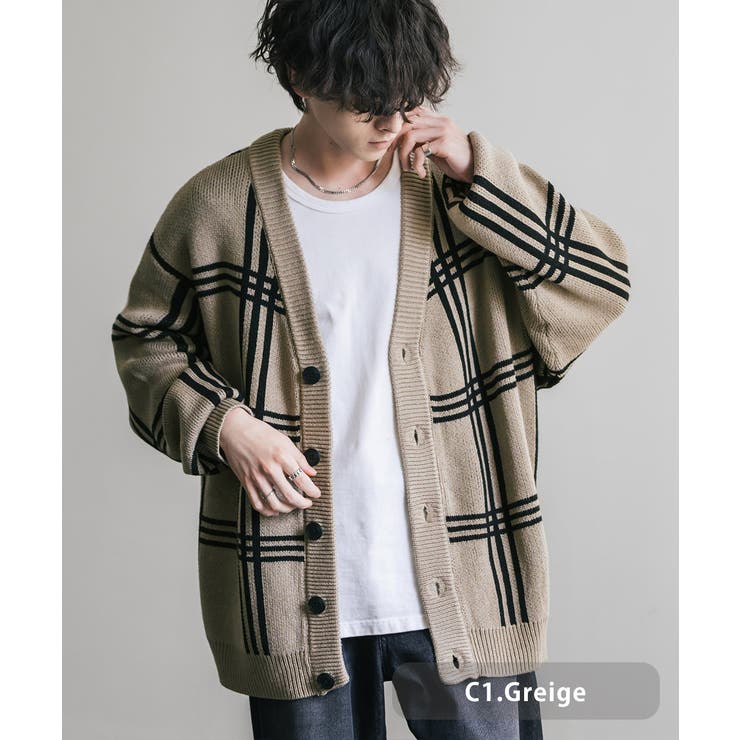 C1.グレージュ | ニットカーディガン 総柄 オーバーサイズ | Rocky Monroe
