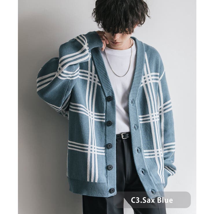 C3.サックスブルー | ニットカーディガン 総柄 オーバーサイズ | Rocky Monroe