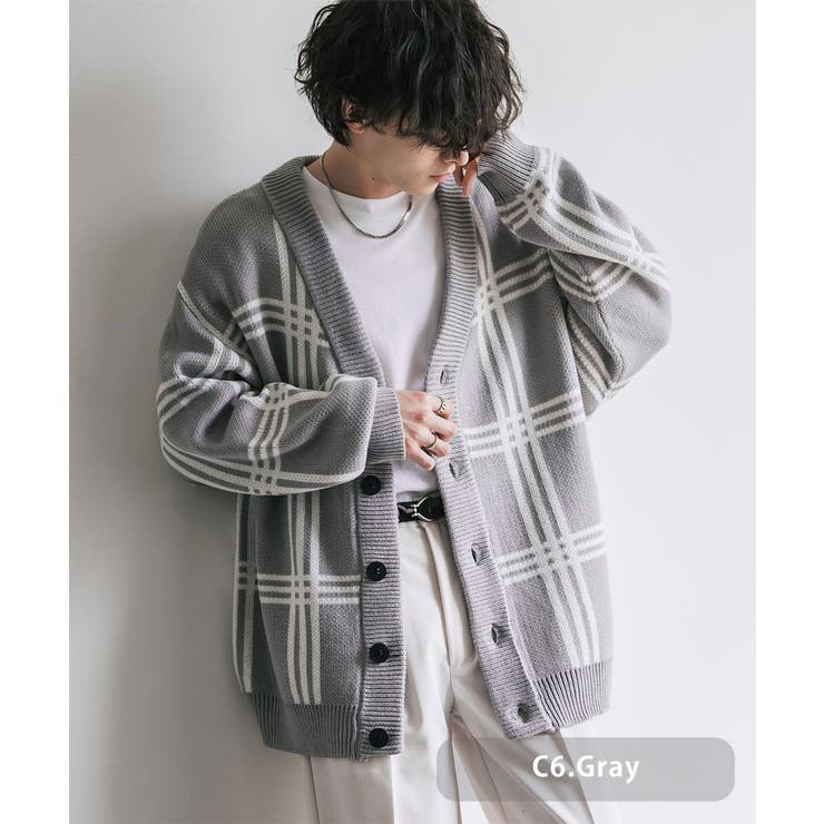 C6.グレー | ニットカーディガン 総柄 オーバーサイズ | Rocky Monroe