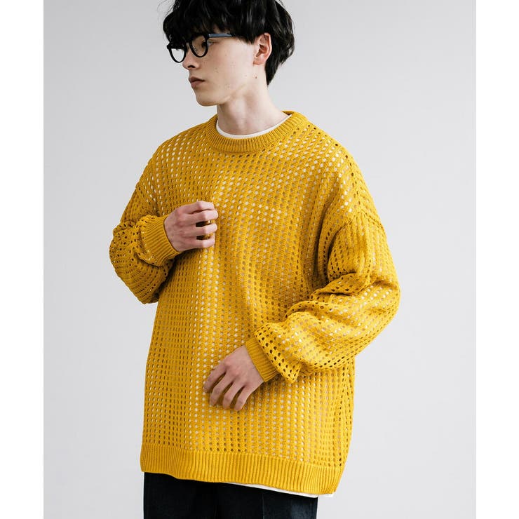 メッシュニット 透かし編み クルーネック[品番：OE000007787