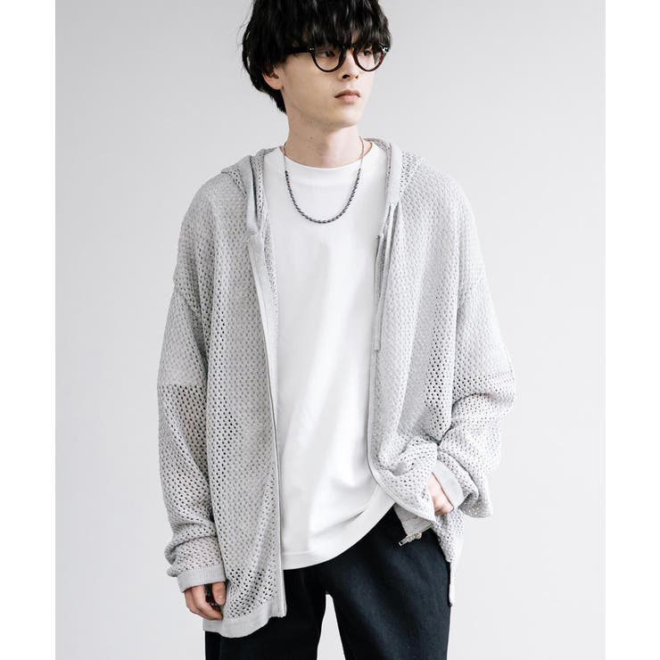 極美品✨ルネ パールメッシュニットパーカー ダブルジップ パフスリーブ ネイビー パーカー メッシュニット ダブルジップ[品番：OE000007823]｜Rocky