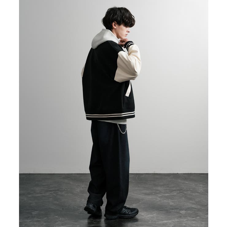 フェイクメルトン 袖PU切り替え スタジャン　黒　XL　ビッグシルエット　刺繍 フェイクメルトン 袖PU切り替え スタジャン 黒 XL ビッグシルエット 刺繍