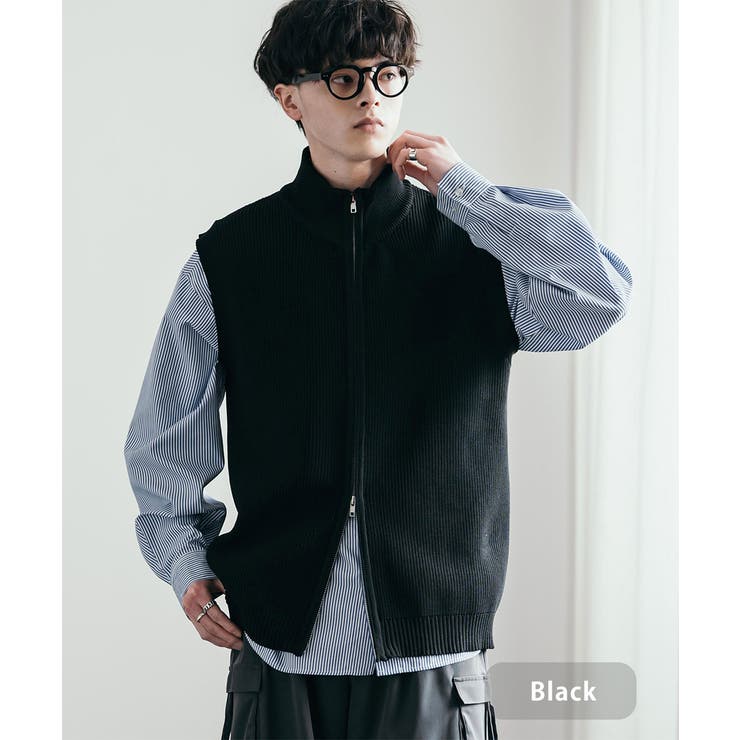 hiro&amp;meguコラボ zip ニットベスト(WHITE)白 ウォッシャブル】タイガーインターシャニットベスト(トップス